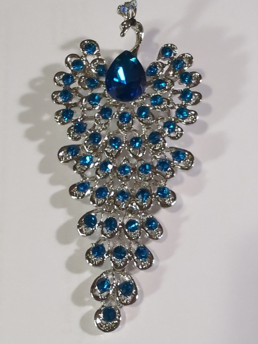 Vintage Articulated Peacock Brooch Teal Blue Crystal Rhinestones Silver 4"